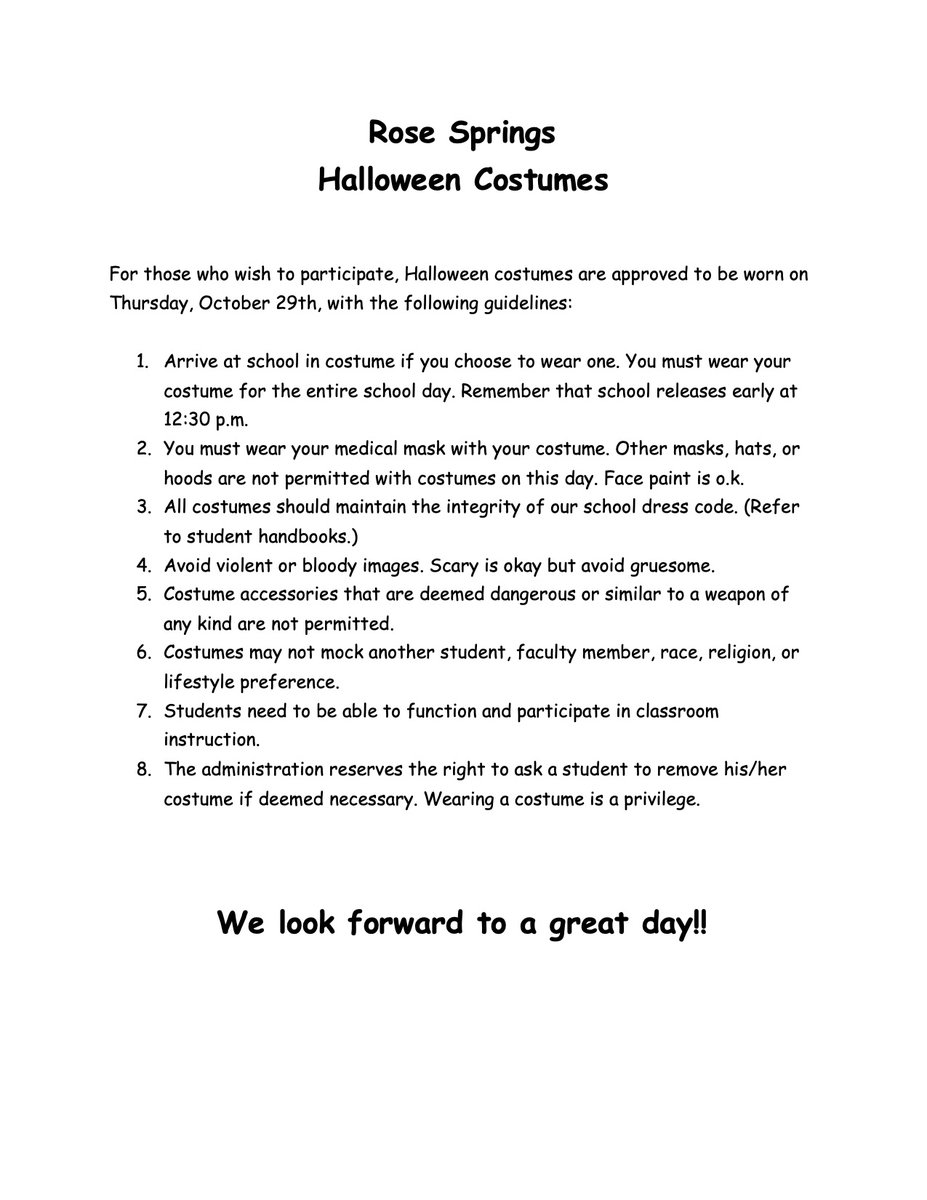 RoseSpringsElem's tweet photo. Halloween costumes will be allowed again this year! Please see the attached information for guidelines. https://t.co/4xzwu1MePz