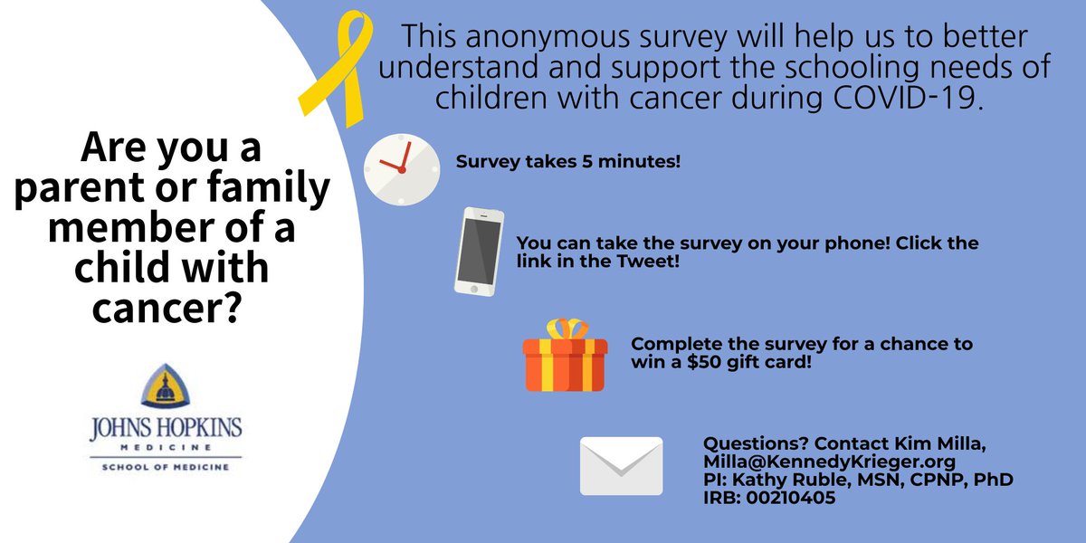 EquitableAccess's tweet image. #Teachers Do you know a #ChildhoodCancerSurvivor? Our team wants to improve communication between #schools and hospitals, because #KidsGetCancerToo.   Please pass this survey along to families of childhood cancer survivors you know!  Survey Link: tinyurl.com/JHSOM