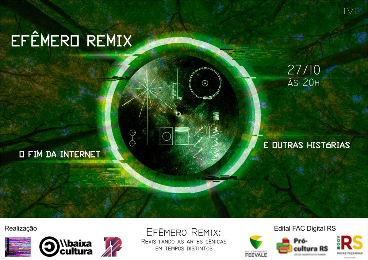 baixacultura's tweet photo. O que acontece no mundo quando a internet acaba?
A partir deste mote, o Projeto Xará, em parceria com Toar Produções e o BaixaCultura, apresenta “O Fim da Internet e Outras Histórias”, uma superfície de eventos online via Zoom/Youtube (1/3) https://t.co/GvoIuReto7 #facdigitalrs https://t.co/2kPFwQKEq2