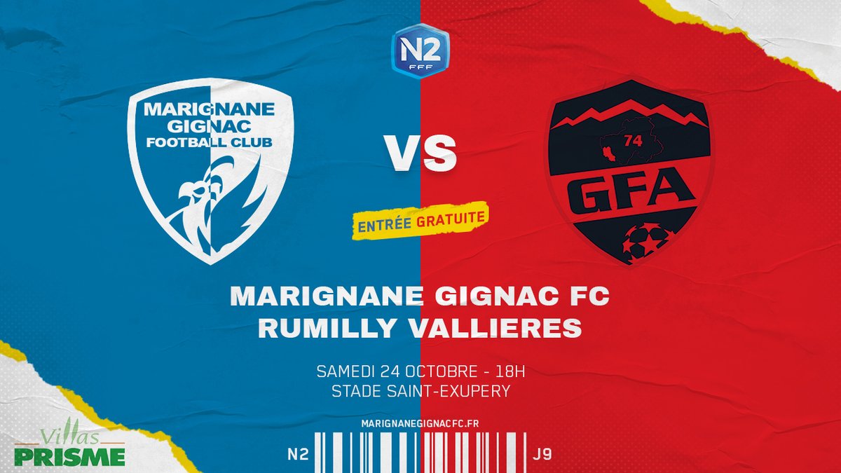 🏆 #National2 - Journée 2 : VS <a href="/GfaRumilly/">GFA Rumilly Vallières</a>. 
📆 Samedi 24 Octobre à 18H.
🏟️ Saint-Exupéry (entrée gratuite).
🚨 Buvette ouverte / Port du masque obligatoire.