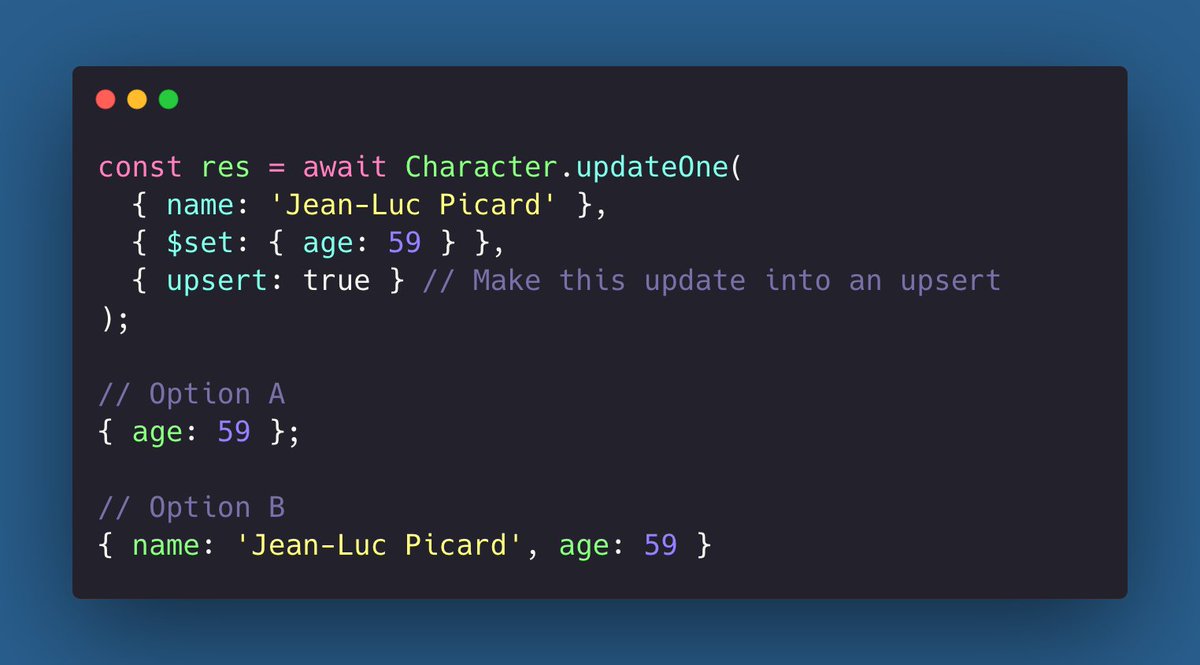 DevGuideDaily's tweet image. #MongoDB + #NodeJS quiz 😊 
If the 𝗱𝗼𝗰𝘂𝗺𝗲𝗻𝘁 𝗱𝗶𝗱𝗻'𝘁 𝗲𝘅𝗶𝘀𝘁 already, what is the result of this?
Choose 𝗢𝗽𝘁𝗶𝗼𝗻 𝗔 or 𝗢𝗽𝘁𝗶𝗼𝗻 𝗕 😎
#100DaysOfCode #programming #CodeNewbies