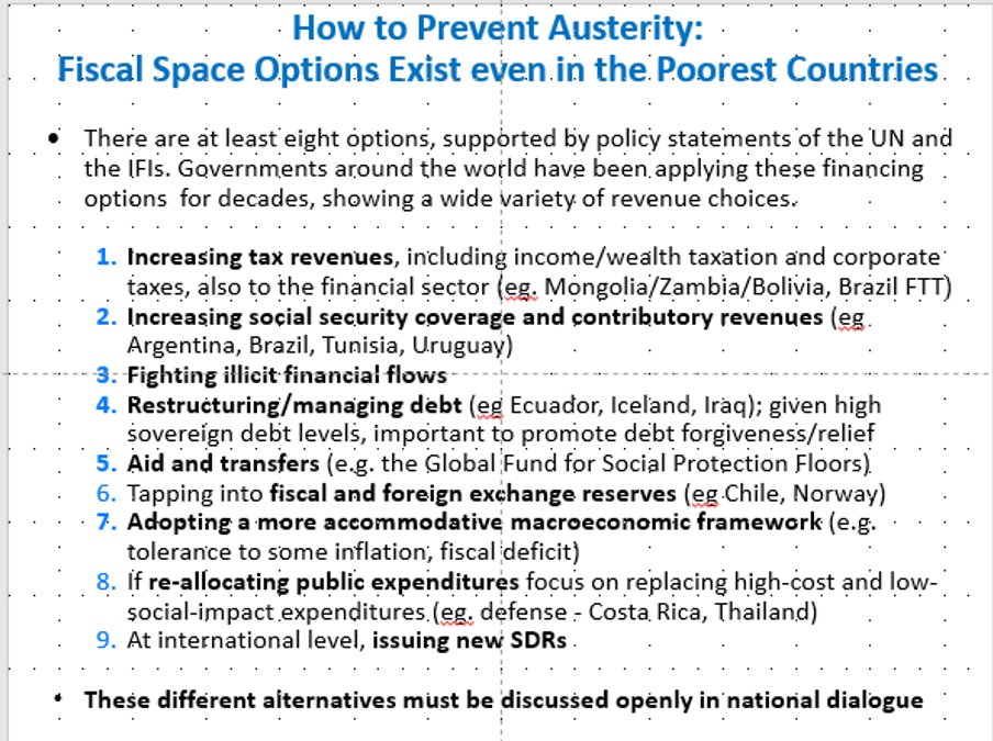 W/out denying austerity push,  @IMFNews emphasized instead not to pull support plug too early, promised to prioritize progressive taxation & debt relief. But austerity writing is on the wall for after pandemic, and it’s frankly terrifying. Alternative c/o  @IsabelOrtizUN