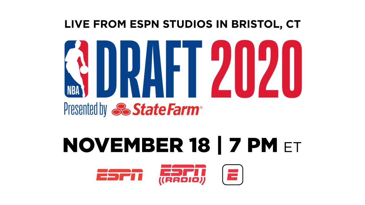 ESPN's Bristol, Conn. studios will host the virtual 2020 @NBADraft presented by State Farm
Wednesday, November 18 at 7 p.m. ET
@NBA Commissioner Adam Silver & Deputy Commissioner Mark Tatum will announce selections live in studio
More: https://t.co/peUPXj4Dlp | @ESPNNBA https://t.co/wNfryBtdQv