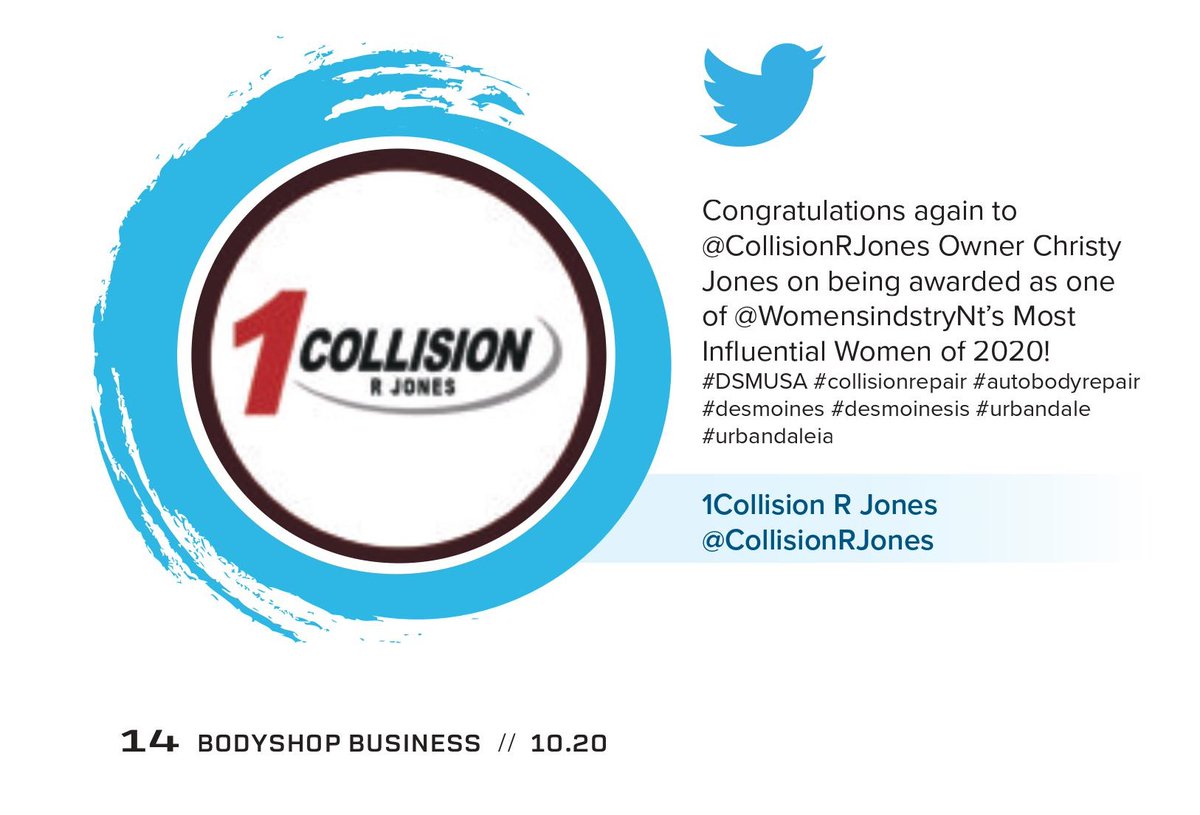 1CollisionDM's tweet photo. Congratulations to @CollisionGrimes co-owner and @CollisionRJones owner, Christy Jones for being recognized in @BSBmagazine for being one of WIN - Women's Industry Network's Most Influential Women of 2020!

#DSMUSA #desmoines #urbandale #urbandaleia #grimes #grimesia https://t.co/i4Dcd5Cn1k