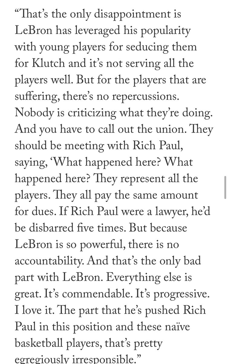 The balls of the agent. He accuses LeBron of seducing young players. Calls these guys naive. Says Rich Paul would be disbarred if he were an attorney. If you were confused this is what gatekeeping looks like.