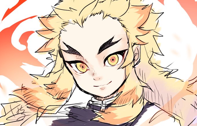 なちる@LINEスタンプ発売中！さんがTwitterに投稿した煉獄杏寿郎(鬼滅の刃)のイラスト。