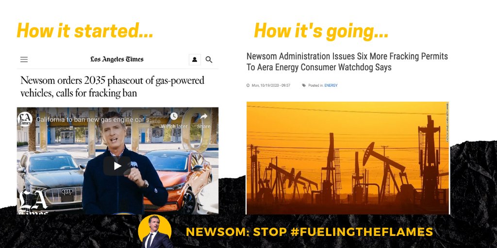 Cecelia Lynch (@ceceliamlynch) on Twitter photo How it started: <a href="/GavinNewsom/">Gavin Newsom</a> demands a fracking ban.
How it's going: He just issued a batch of new fracking permits to Aera Energy.
What happened to Newsom's climate commitment? We need him to phase out oil drilling and stop #FuelingTheFlames. How it started: <a href="/GavinNewsom/">Gavin Newsom</a> demands a fracking ban.
How it's going: He just issued a batch of new fracking permits to Aera Energy.
What happened to Newsom's climate commitment? We need him to phase out oil drilling and stop #FuelingTheFlames.
