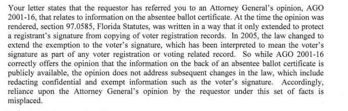 I did find this from the Division of State rules, which says a 2005 amendment extended the confidential rule to signatures on "voting related records".  https://opinions.dos.state.fl.us/searchable/pdf/2012/de1210.pdf