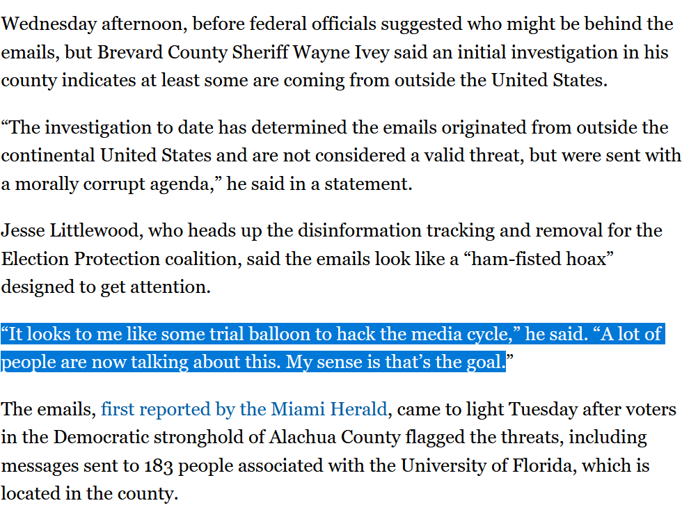 On intent & attention,   @j_littlewood also wisely warns, this may be a trial balloon to hack the media cycle 7/ https://www.politico.com/states/florida/story/2020/10/21/feds-point-to-iran-russia-for-emails-urging-floridians-to-vote-trump-1328913