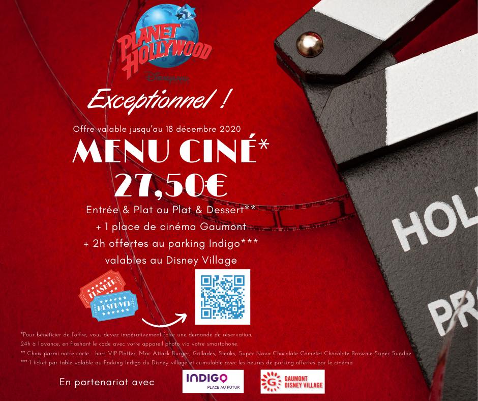 Profitez de notre OFFRE EXCLUSIVE - MENU CINE! Valable uniquement sur réservation en flashant le QR Code ou via le lien suivant: forms.gle/FWX5LoRZ2RCPQk… #planethollywooddlp #cinéma #Gaumont #film #parkingoffert #Indigo #disneyvillage