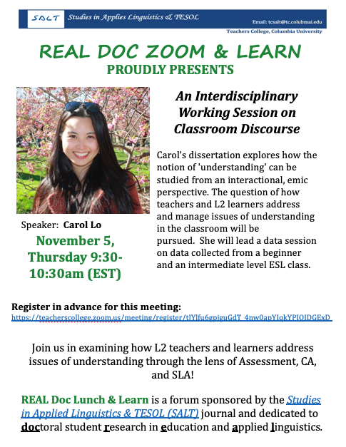 tcsaltjournal's tweet photo. Mark your calendars for our next #REALDoc on 11/5 (Thur) 9:30-10:30AM (EST)
Carol Lo of the #lansibunch will bring her dissertation data and examine how #L2 #teachers and #learners work out issues of (mis)understanding in the #classroom 🤓🧐
To register:
https://t.co/NEZSYgeSj1 https://t.co/AErDKWnz3D