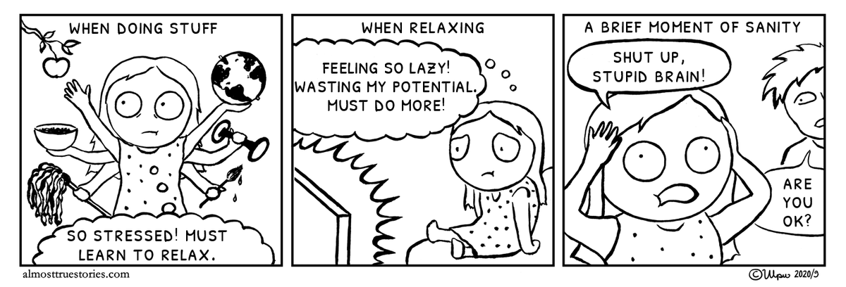 almosttruecomic's tweet photo. When your own brain is your harshest critic.😅 #almosttruestories #stressmanagement #Mindfulness #cartoon #sarjakuva #webcomic #webcomicartists #tecknadserie #tegneserie #bildergeschichte #komiks #koomiks #bandedessinee #webtoon #relatable #weheartcomics #webcomicchat https://t.co/oAitytyxDd