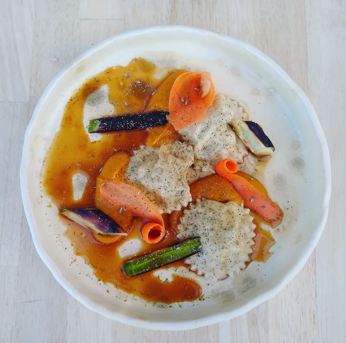 Rabbit &amp; boar pancetta ravioli, Beechlawn organic carrot, leeks, house crab apple cider sauce #woodruffathome #preorderandcollect #takeaway #woodruffstepaside