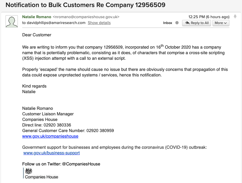 Whoever registered the company name with valid XSS injection and caused @companieshouse to sent this email: I will buy you a drink