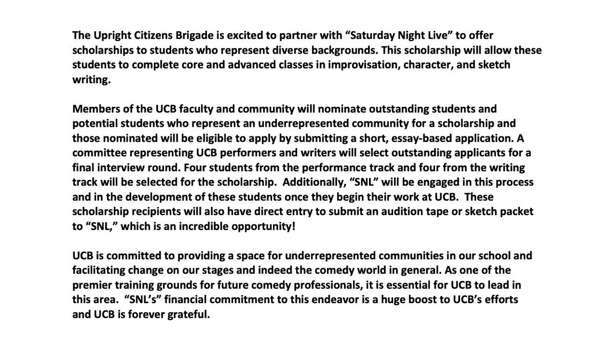 UCB is thrilled to be teaming up with <a href="/nbcsnl/">Saturday Night Live</a> to offer new diversity scholarships in sketch and improv!