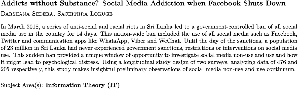 arxiv.org/abs/2010.10605…
D Sedera, S Lokuge
Addicts without Substance? Social Media Addiction when Facebook Shuts
  Down
