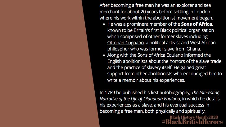 It’s 22nd October and today has been dedicated to Olaudah Equiano, a pioneer in the Abolitionist movement whose autobiography is one of the earliest known examples of a published work by an African writer  #BlackHistoryMonthUK    #BHM    #BlackBritishHeroes