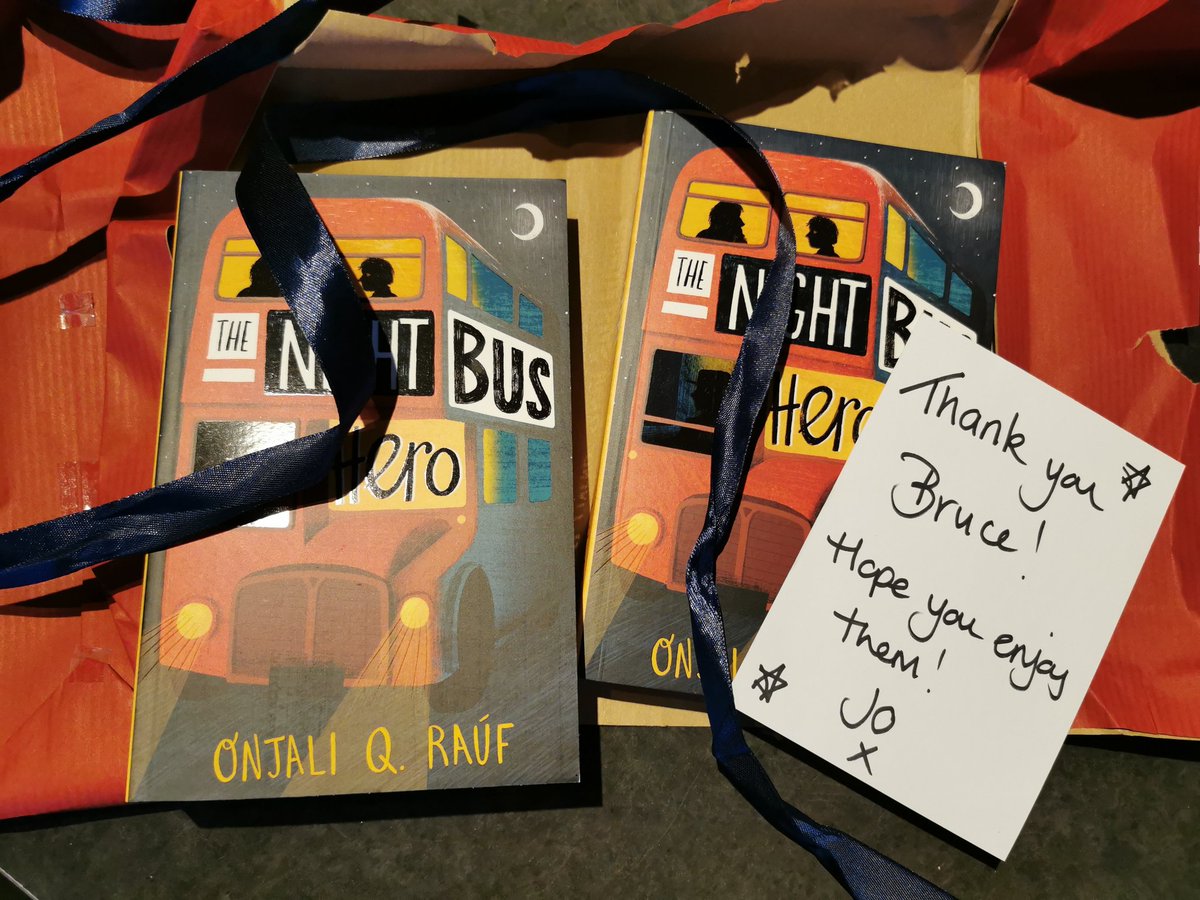 McInnesBruce's tweet photo. Finally had a minute to pick up this parcel from the post office. Thank you Jo @rshipbshop for these beautifully wrapped copies of #TheNightBus by the wonderful @OnjaliRauf ๐ One each for Little Mac and I so no need to arm wrestle to see who gets to read it first! ๐ https://t.co/eKSTUPVykE