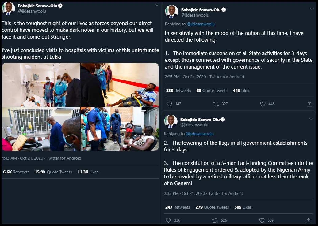 Despite the tweets disclaiming reports of the shooting as fake,  @AmnestyNigeria confirmed 10 people died at Lekki.Lagos governor  @jidesanwoolu yesterday instituted a fact finding committee to investigate the Army's Terms of Engagement following an "unfortunate shooting."