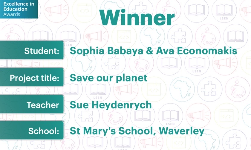 iStoreEducation's tweet photo. Congratulations to Sophia Babaya & Ava Economakis from St Maryโs School Waverley for winning the video #SaveMyPlanet Grade 8-12 category.
#EiE2020 https://t.co/85cAUyeZu0