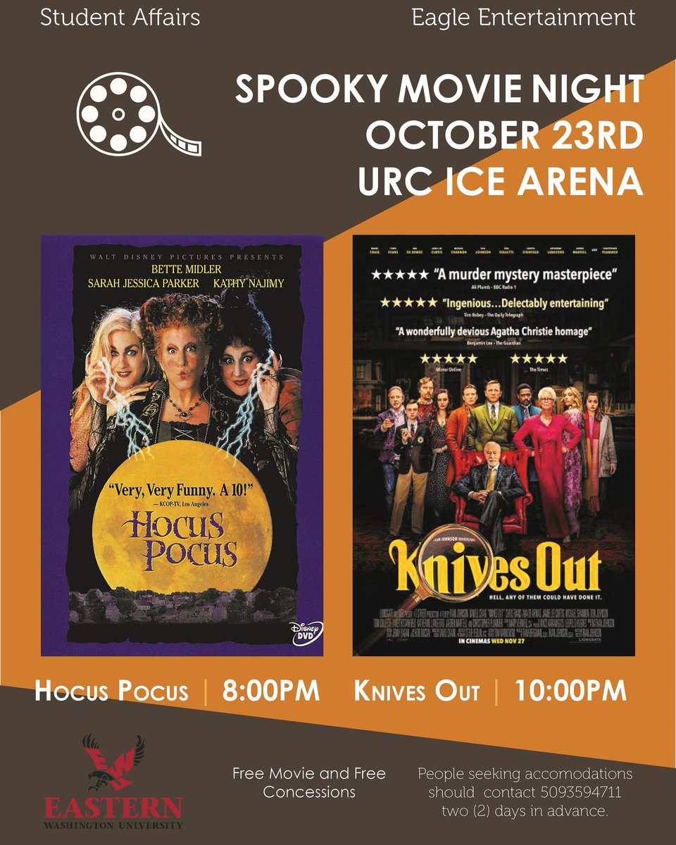 Are you in the Cheney area and want to watch some spooky movies? Then come to our movie night! We will be showing a free double feature at the URC ice rink with free concessions!