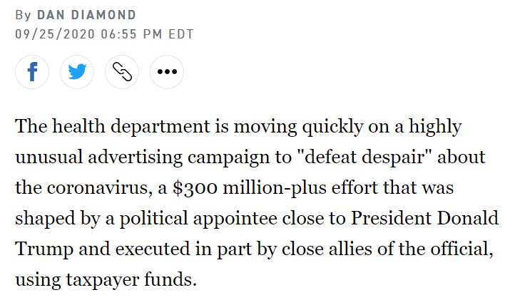 Trump has horribly abused taxpayer funds and official resources at HHS, repurposing COVID funds to spend on a propaganda campaign, trying to send potentially illegal "Trump drug cards" just before the election, and exerting political interference on pandemic response efforts. 2/