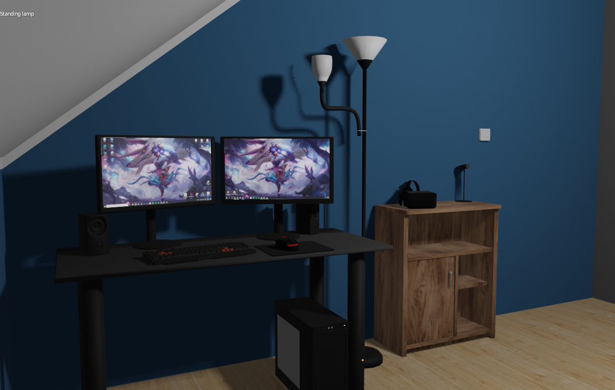 TheLaseRain's tweet photo. Project "My IRL-VR Room" progress:

Today added: 
- VR headset
- VR sensors
- Locker

To do for tomorrow: 
- Fix textures, cause they break in Unity after exporting there
- VR controllers
- Door
- Wardrobe
- Guitar

#VRChat #blender #3dmodeling https://t.co/Qzz1ZW2ypH