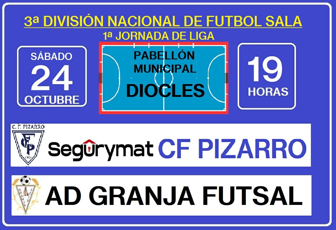 Este sábado arranca la Liga el equipo de Fútbol Sala... Y lo hacemos en casa frente al <a href="/adgranjafutsal/">Granja Futsal</a>

1a Jornada - 3a División Nacional
  📆 Sábado 24/10/20
  ⏰ 19:00h
  🏟 Pabellón Diocles

#VamosPizarro #123Pizarro 💪🔵⚪🔵⚪