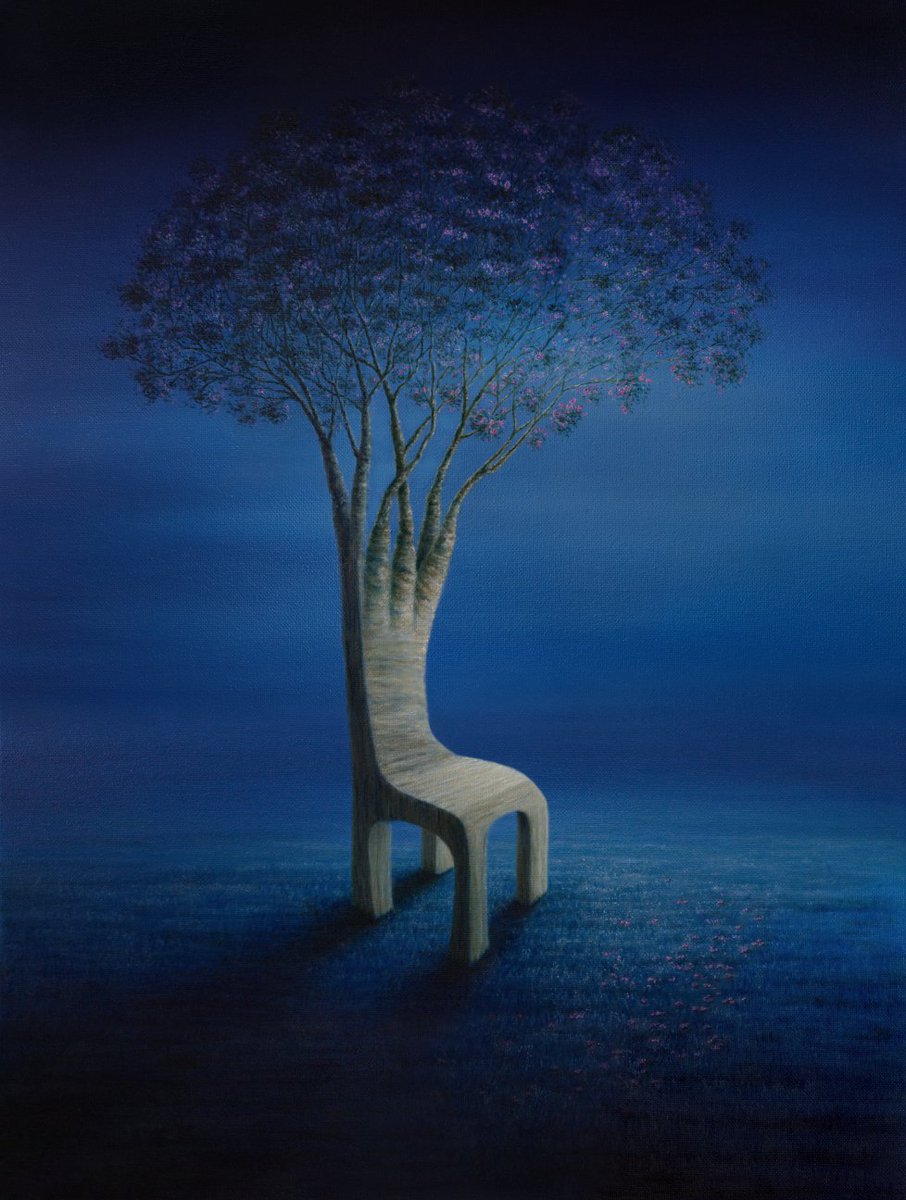 The Sequence of Happiness, oil on canvas, 24x18, #surrealpainting #treepainting #metamorphosis #surreallandscape #happychair #happytree