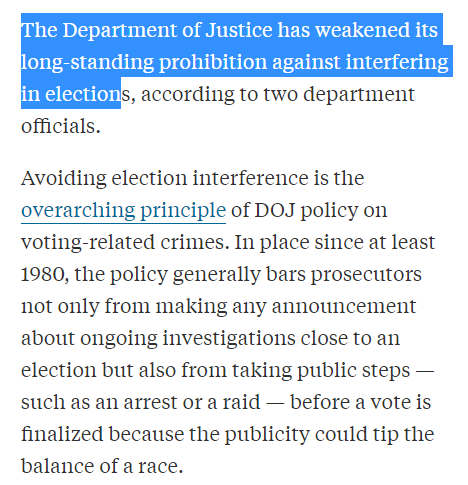 AG Barr keeps on announcing investigations or Justice Department moves that Trump desires for his reelection, which become campaign talking points for Trump within hours.Barr has also weakened DOJ's longtime rule blocking the Department from interfering in elections. 5/