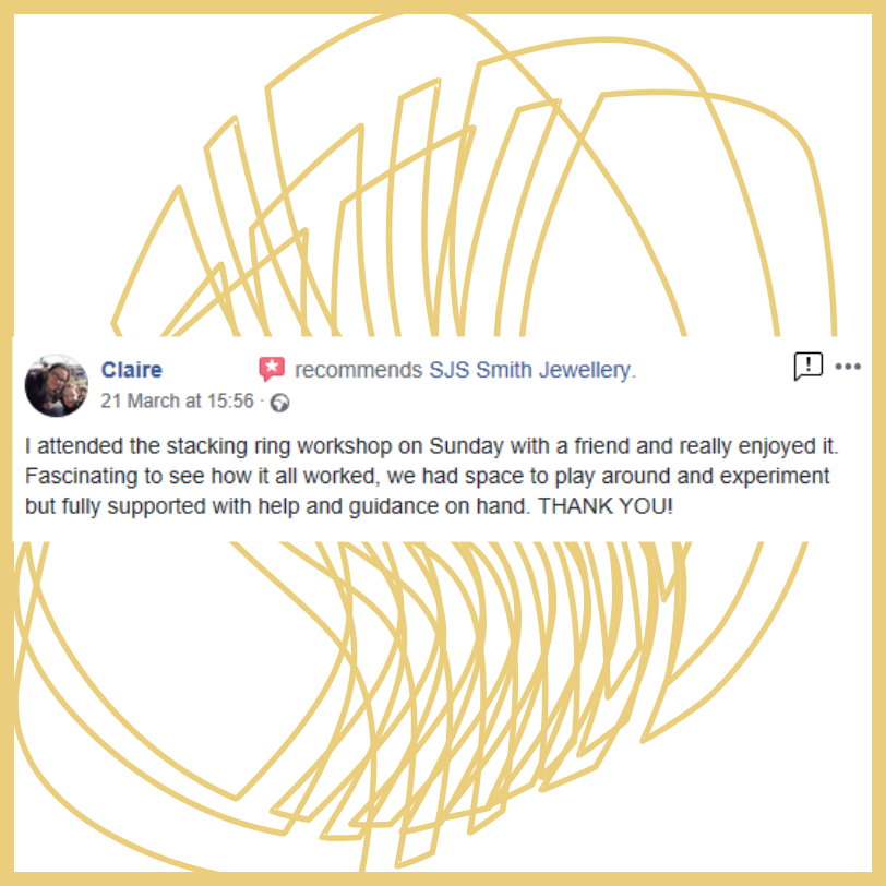 SJSJewellery's tweet image. #testimonial from a lovely customer. Book via: bit.ly/345Xuz8 
#makeyourownjewellery
#silverclassesstockport
#creativeclasses
#jewelleryclass
#jewellerymaking
#jewellerymakingworkshops
#jewelleryworkshops
#learntomakejewellery
#becreative
#learnandplay
#silversmithing