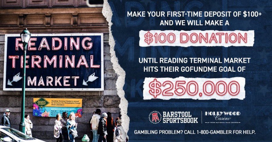 stoolpresidente's tweet photo. Reminder to all of PA and Philly.  We are helping to save @RdgTerminalMkt tonight.  @PNGamingInc is matching 100 bucks for every new deposit at #BarstoolSportsbook     Lets help and save small business in #Philly https://t.co/C0rz3aYh8f