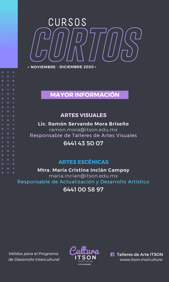 ⚠️📣¿ Ya conocen la nueva oferta de Cursos de arte ITSON ? 📣
Descarga el folleto completo 👉👉👉👉👉bit.ly/FOLLETO_Cursos…
Solicitud de inscripción en linea en: forms.gle/XbFgcgR8nMycFJ…
Mayor información:
☎️6444 618 765 y 6442 038 391
☎️6441 43 50 07 y 6441 00 58 97
