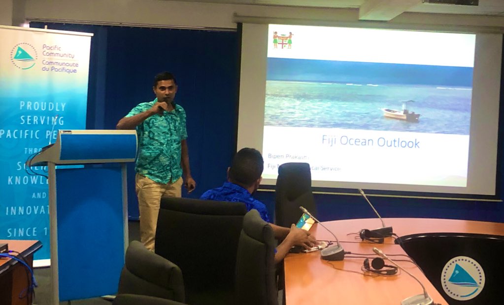mollypowerstora's tweet photo. “With the help of @spc_cps, Fiji Met has developed a fully operational ocean outlook.” @FJMETservice Climatologist Bipen Prakash presents predicted ocean conditions to #Fiji marine users in advance of today’s #Pacific Climate Outlook Forum
#KnowYourOcean #COSPPac #PICOF7 @dfat https://t.co/gaKkikeE2h