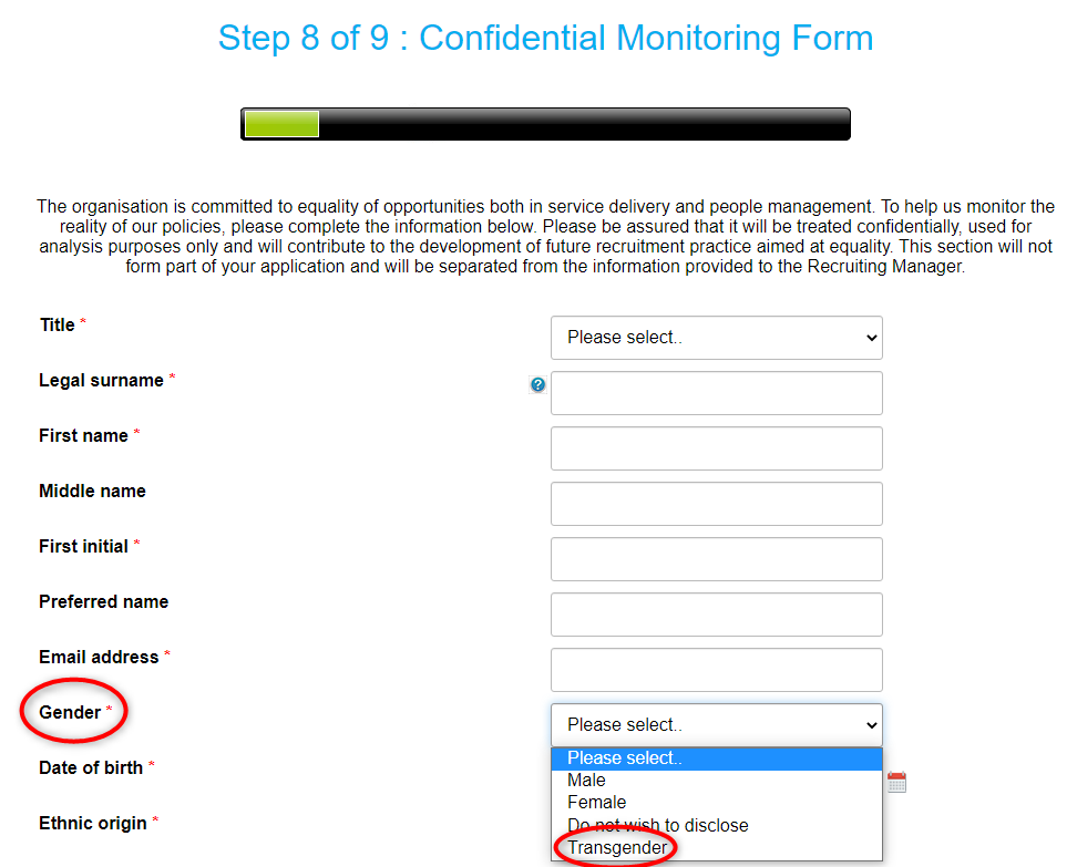 Hi  @camcitco  @EHRC  @EHRCChair  @RJHilsenrath  @trussliz  @GEOgovuk The Confidential Monitoring Form in your job application asks for the 'gender' of the applicant with options:MaleFemaleTransgender.cc  @BenHattonJourno @CllrKevinPrice  @CambridgeLabour 1/11