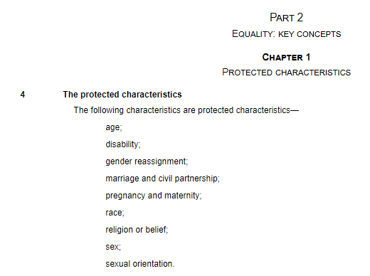 'Gender' is not a protected characteristic under the Equality Act 2010 and is not defined in the Act. https://www.legislation.gov.uk/ukpga/2010/15/part/2/chapter/12/11