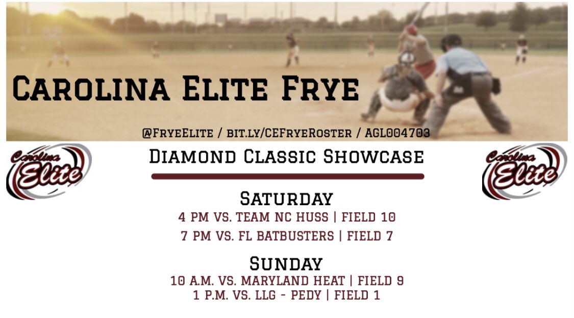 FryeElite's tweet photo. Looking forward to another great weekend on the ball field at Tyger River! Catch us on Athletes Go Live 004703. #BeElite @RadfordSoftball @AbbeySoftball @ElonSoftball @fmu_softball @GCPride_sball @NYUSoftball https://t.co/RtqVoRPv2J