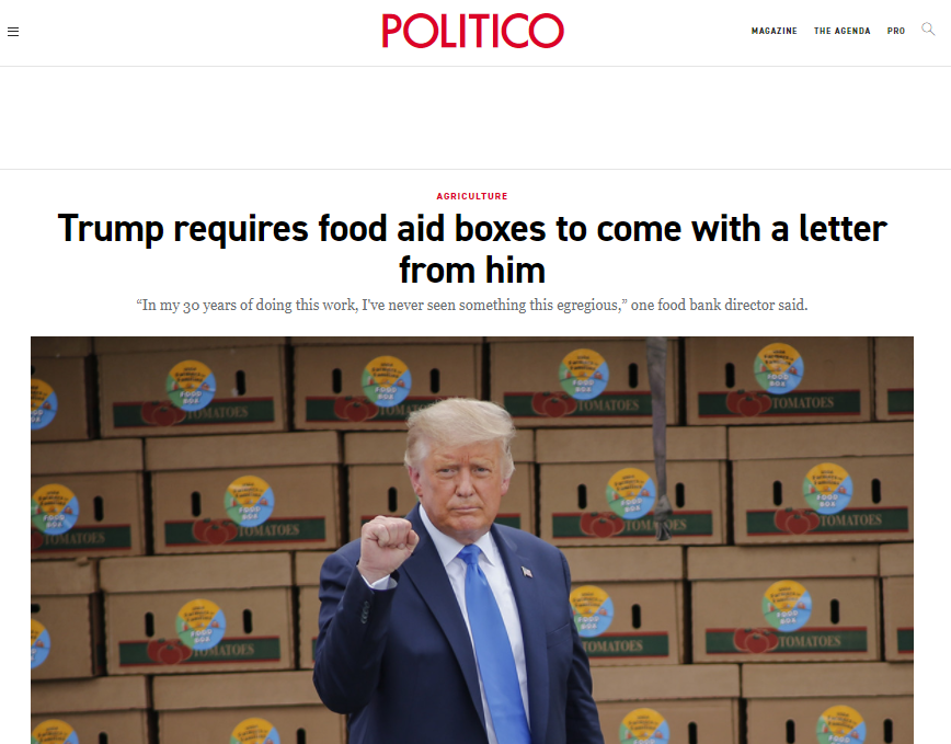 The Agriculture Department and Secretary Perdue have quietly been among the most corrupt in the Trump Administration. Recipients of food aid boxes are mailed a "letter from Trump." Perdue recently violated the Hatch Act by campaigning for Trump using official resources. 10/