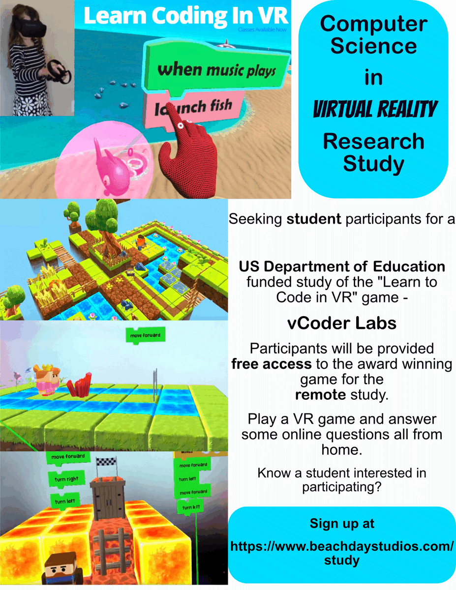 beachdaystudios's tweet photo. Get vCoder for free!
Have your student take part in a remote, US Department of Education funded study of the computer science game - vCoder @CodeInVR 
It teaches coding in #VR and we're providing it for free! 
Sign up now before spaces fill up!🚀 https://t.co/uhZqRyOnVE https://t.co/FfSwMqOFYQ