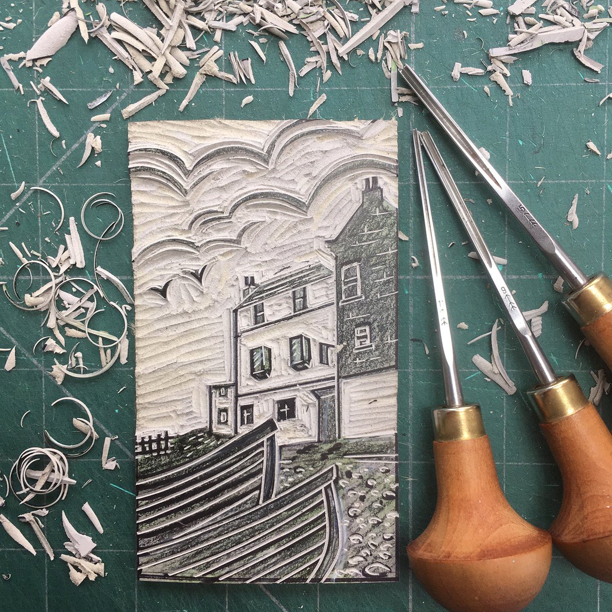 Design_York's tweet photo. 2nd linocut in my new #Yorkshire Coast mini series. I'll be sharing all 3 finished prints in my newsletter this weekend.👉 https://t.co/Rp4NxDLkOX
#linocut #printmaking #northyorkmoors #yorkshirecoast #RobinHoodsBay #CoasttoCoast #ClevlandWay #mystudiotoday #originalprints https://t.co/sv8H4I9EGa