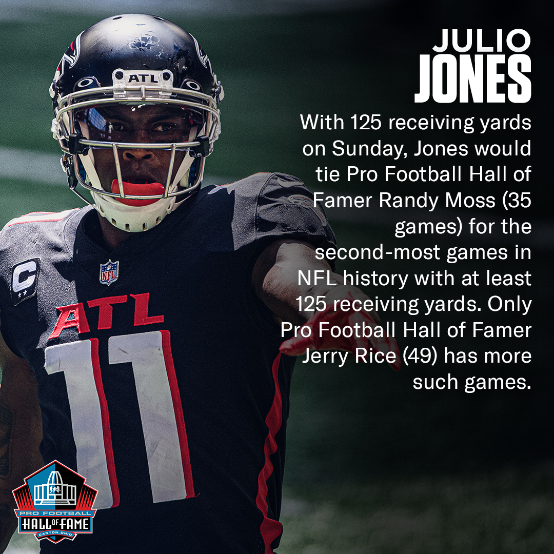 Pro Football Hall of Fame on Twitter: 'With 125 receiving yards today,  @juliojones_11 would tie HOF WR Randy Moss (35 games) for the second-most  games in @NFL history with at least 125