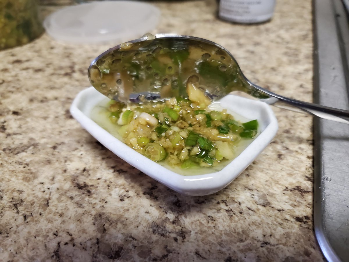 Hey, you! Tired of dipping shit in ketchup and mayonnaise? Try this scallion ginger sauce instead!Ingredients:Ginger root, 2oz (about palm-sized)Scallions, 6 stalksSaltSoy sauce / MSGSesame oilVegetable oilInstructions below: