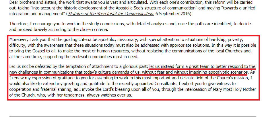 1st img: The dicastery was formed in 2015 and in 2017 the Pope gives his address - after TWO YEARS, he is still telling them to hurry up and start employing/training personnel properly. 2nd img: 'Apocalyptic'?! It seems that they know they're underqualified + bewildered.