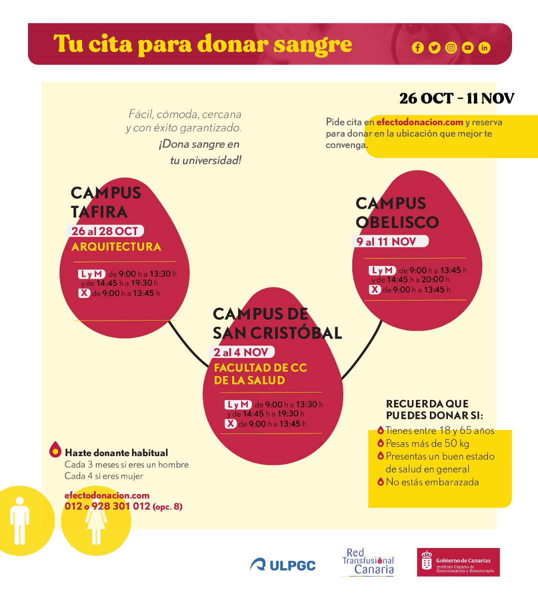 Solicita cita para #DonarSangre🩸.

🔻Campus de Tafira
🔻Campus de San Cristóbal 
🔻Campus del Obelisco

🔊efectodonacion.com