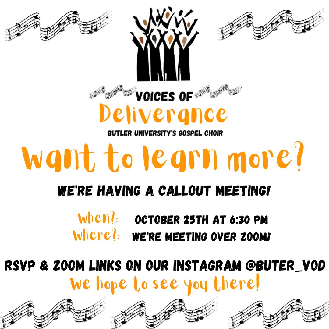 ButlerJCA's tweet image. Have you ever wanted to be in choir, but don't have experience? Are you interested in learning a diverse repertoire of songs? Voices of Deliverance is an interdenominational gospel choir looking for any student and Butler alumni regardless of prior musical experience!