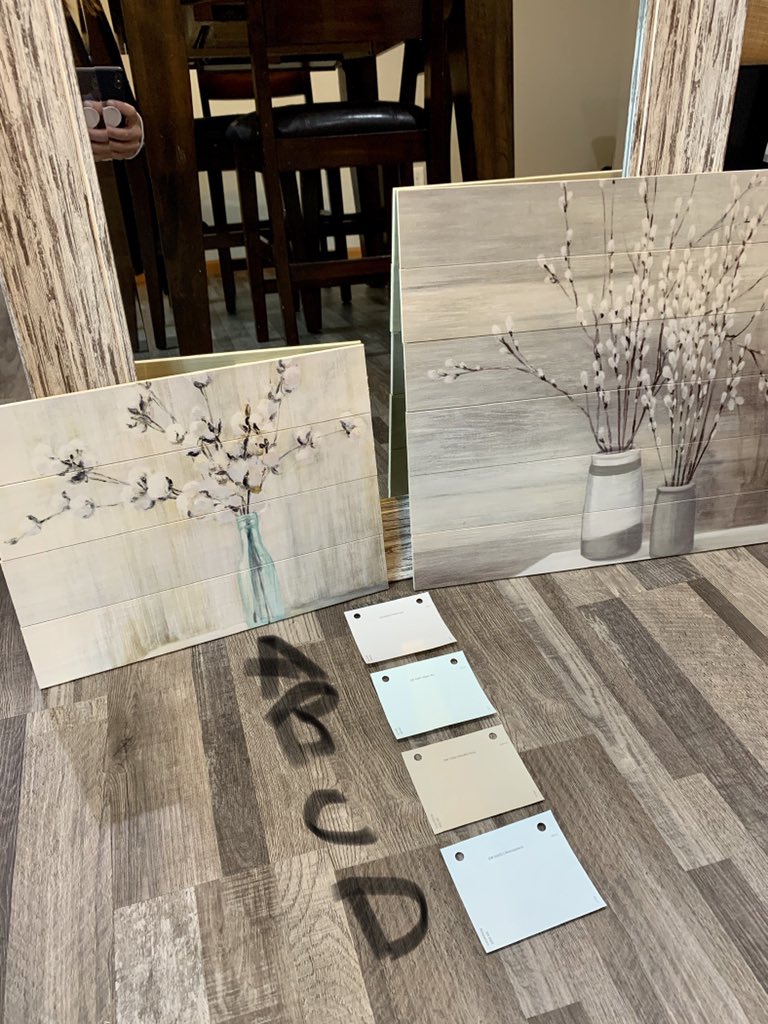 MarneyGellner's tweet image. Round 2 begins soon!  First need to choose a paint color for the walls in our main level half-bath. Using this mirror and these prints with this flooring...