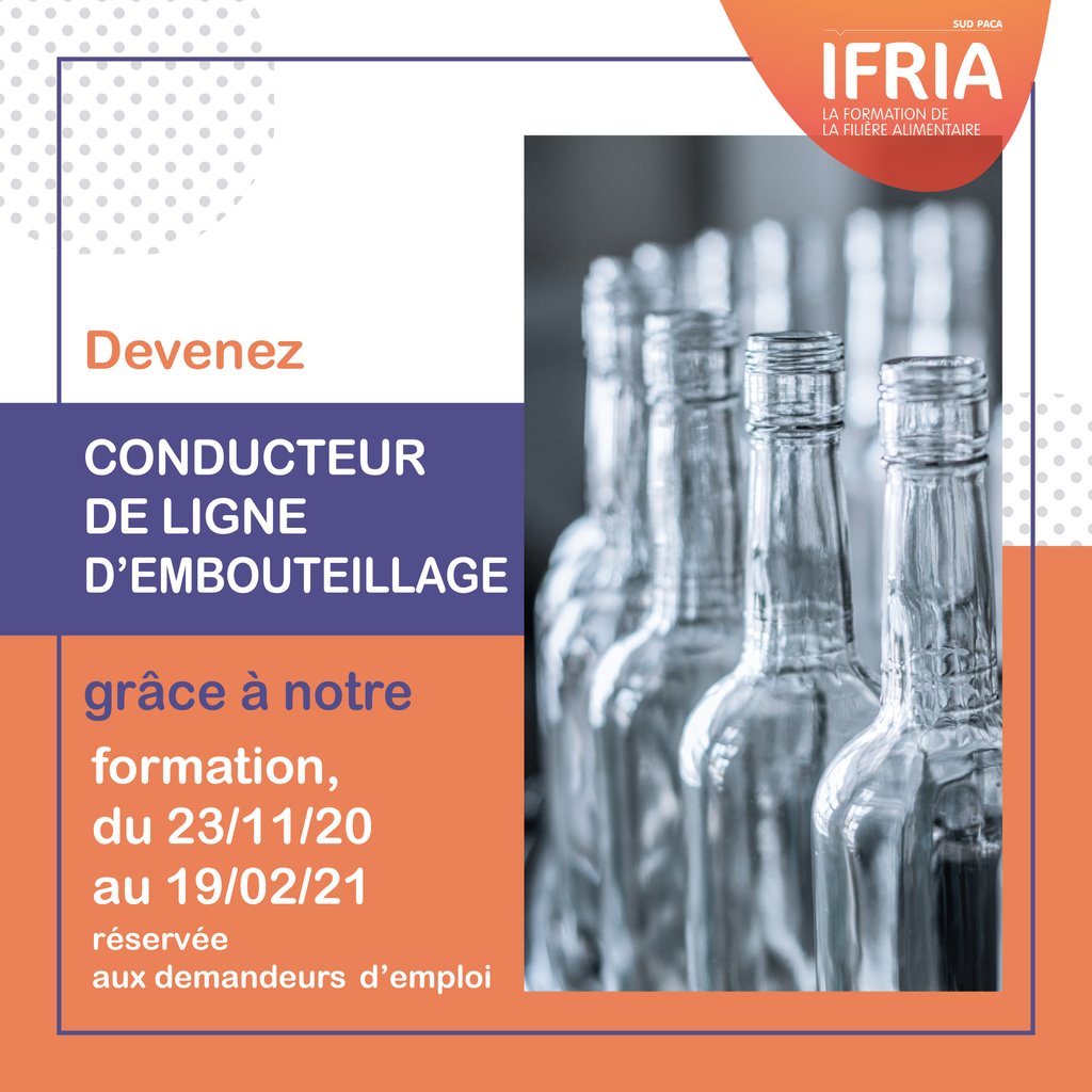 📆 [EVENEMENT]
Vous cherchez un métier dans un secteur dynamique ? Ne ratez pas notre information collective du 27/10 au @poleemploi_paca de Réalpanier : entre 9h et 12h, nous vous présentons notre #formation conducteur de ligne d'embouteillage, suivi d'entretiens de sélection !