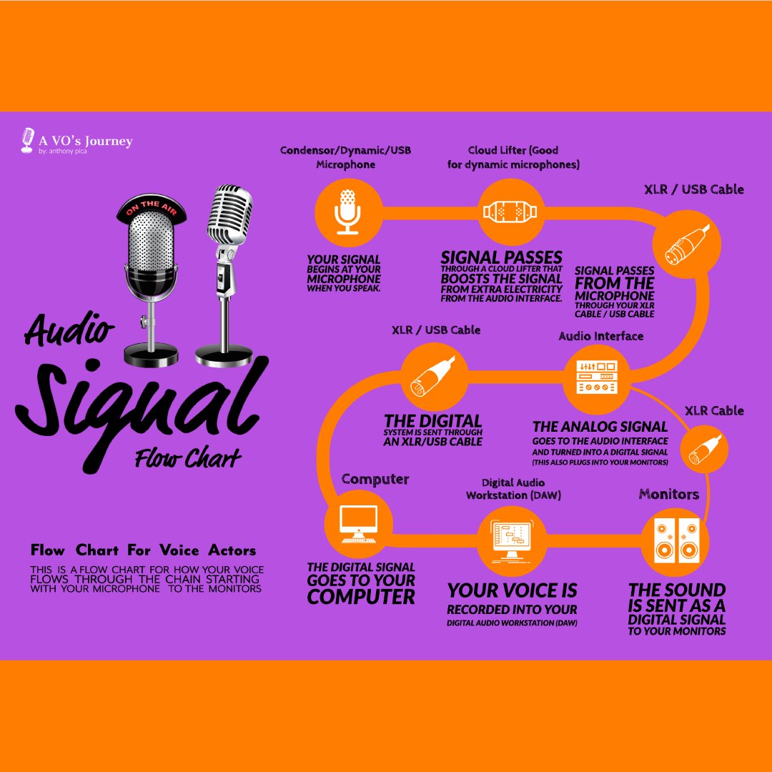 Here's an Audio Signal Flow Chart infographic that I made.

#adobe #voiceover #voiceacting #tech #mixingandmastering #voiceovertalent #masteringengineer #audiogear #community #condensermic #audioproduction #music #recording #audioengineer #musicstudios #dubbing  #studiomonitors