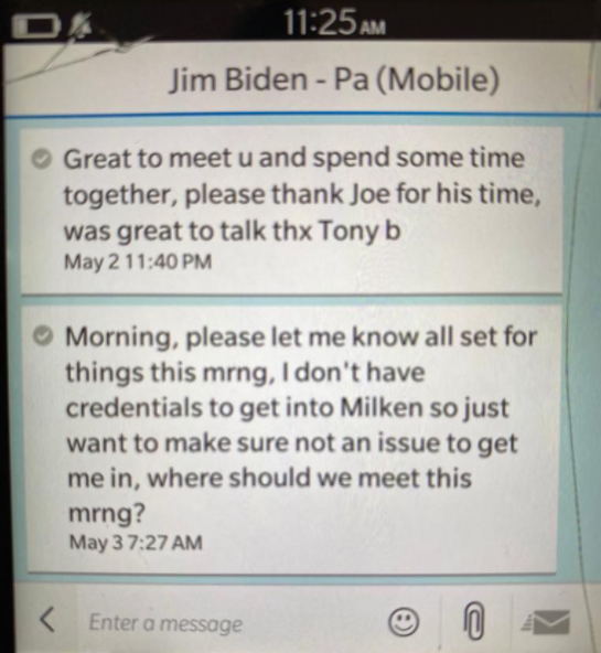 The next morning, on May 3, 2017, Hunter's business partner-turned-whistleblower Tony Bobulinski texted James Biden--Hunter's uncle/Joe Biden's brother--and asked him to "please thank Joe for his time" for the meeting they all had on May 2 to discuss the China business deal.