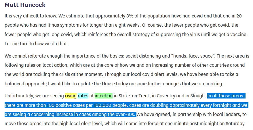 Matt Hancock told the Commons today, placing Stoke, Coventry & Slough into Tier 2"In all those areas, there are more than 100 positive cases per 100,000 people, cases are doubling approximately every fortnight and we are seeing a concerning increase in cases among the over-60s"